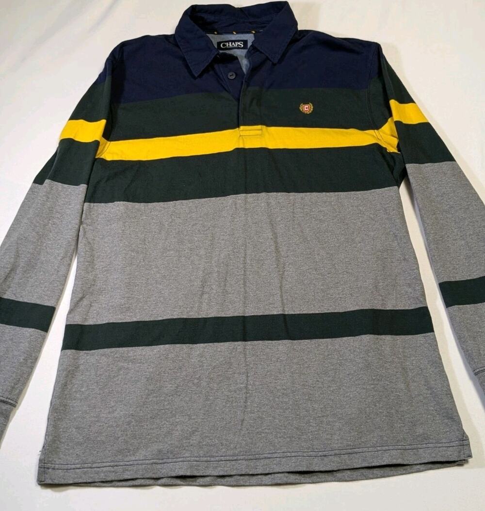 Chaps Ralph Lauren Rugby Shirt Mens m Striped Long Sleeve Polo Blue Green y2k